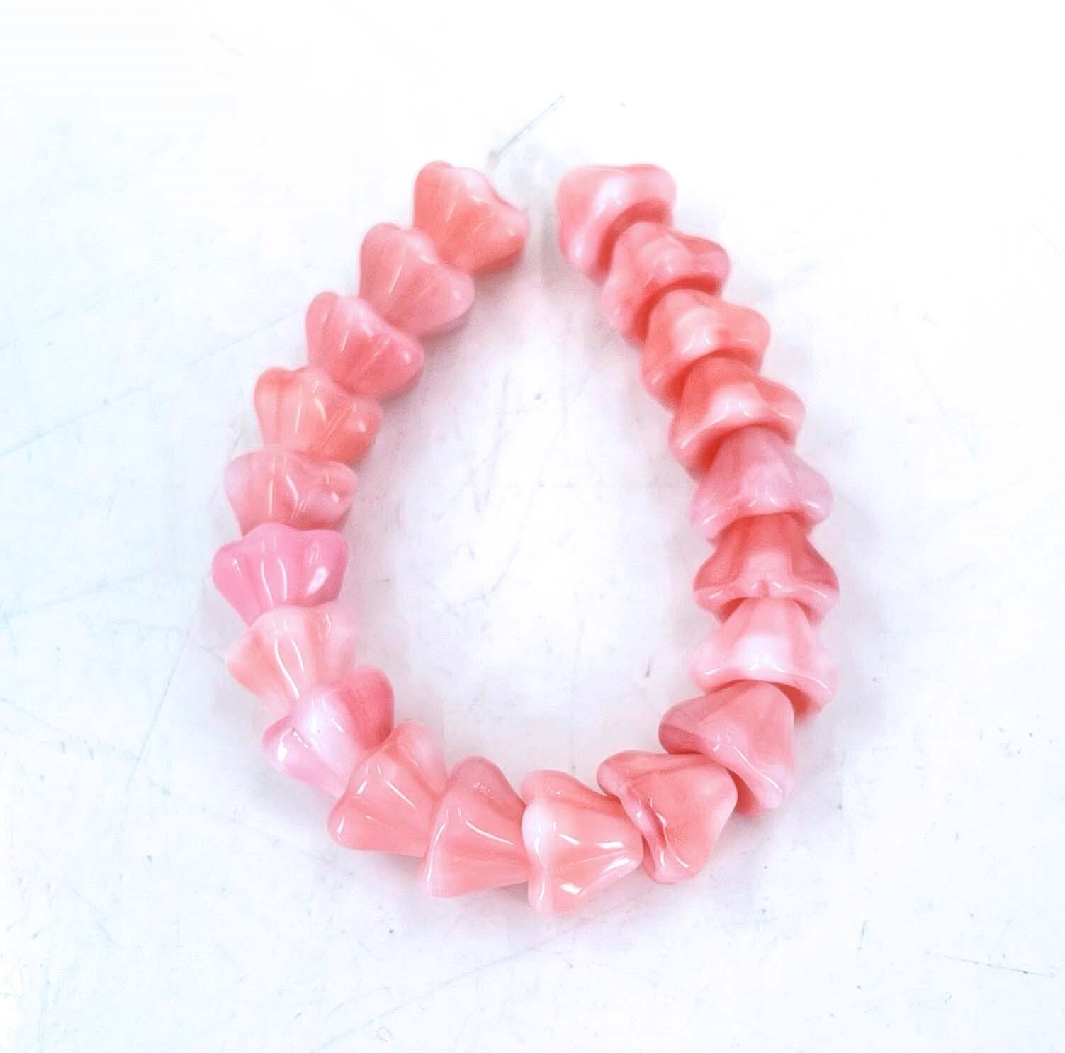 20 Czech Glass Baby Bell Flower Beads – Pink and Cream 8x6mm