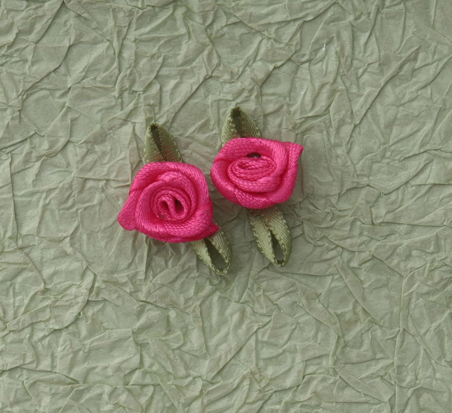 50 Pcs Satin Roses with Green Leaves Mini Cute Ribbon Bows Fabric Artificial Flo