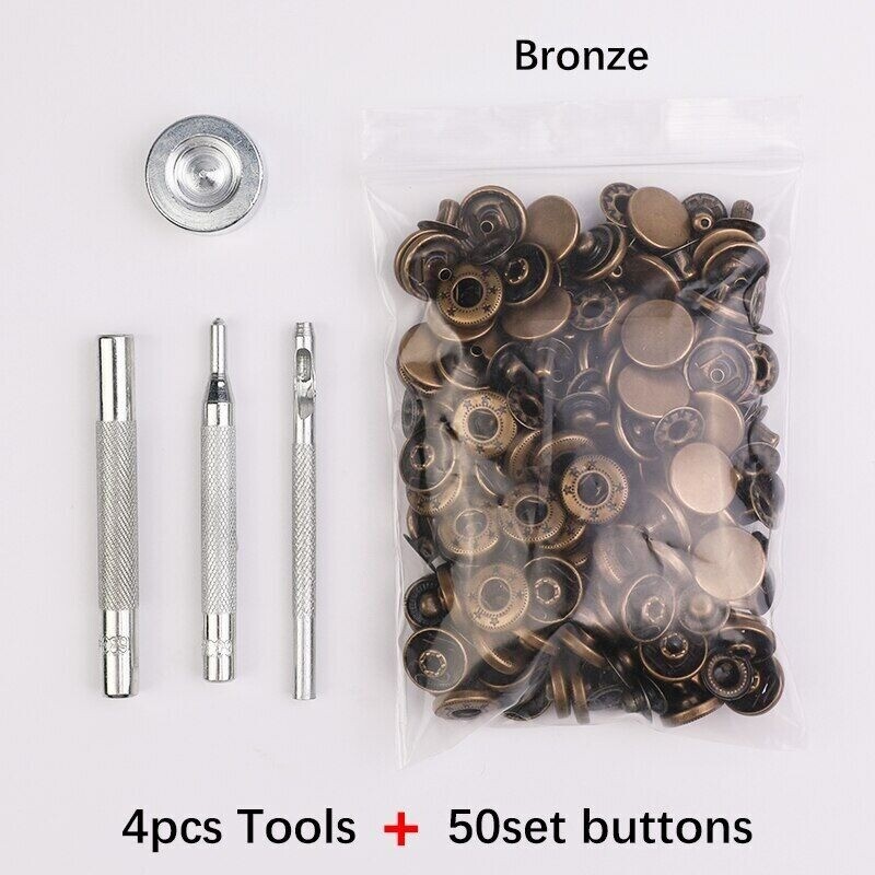 Leather Snap Fasteners Kit 10/12/15mm Brass Button Snaps Press Studs With 4 Tool