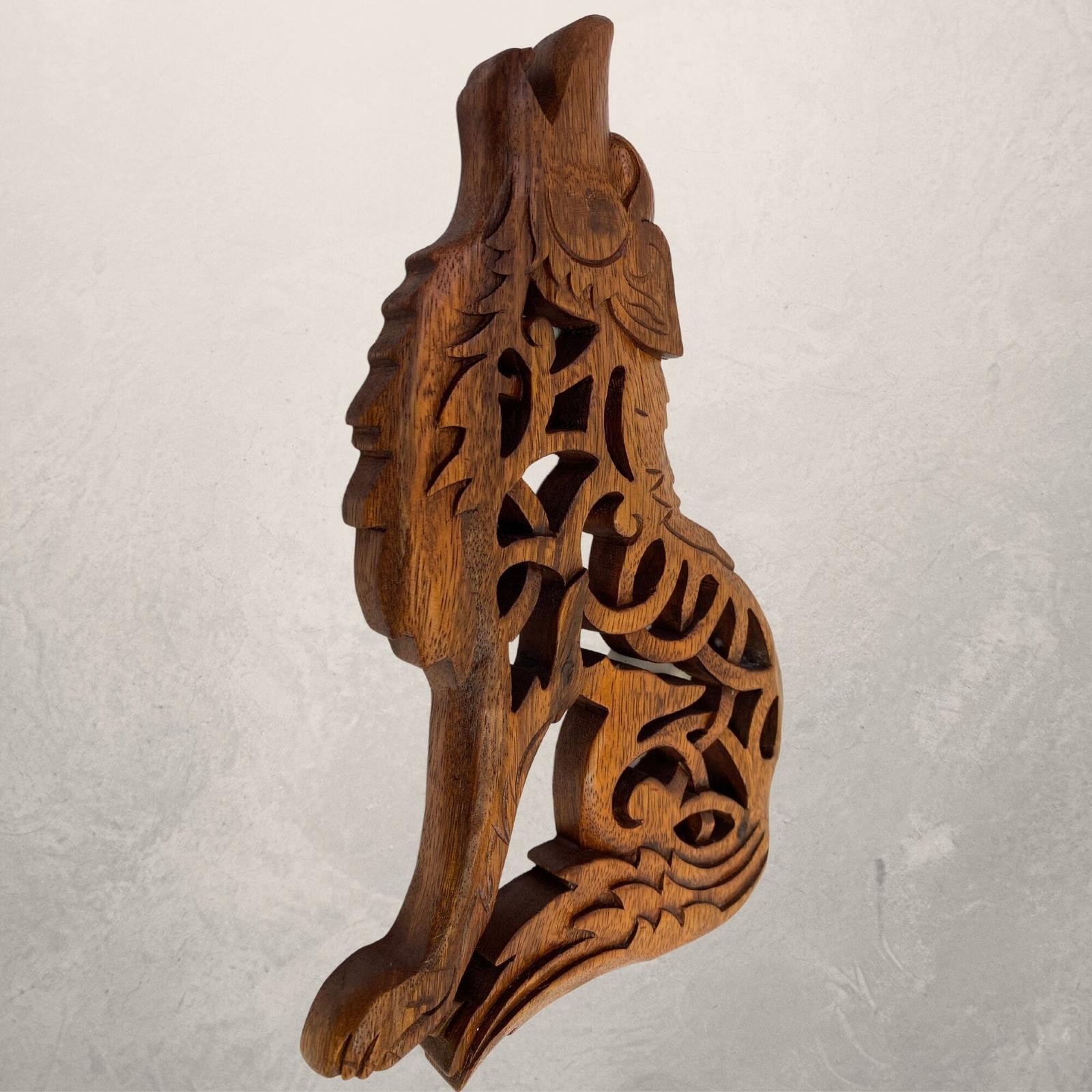 Celtic Howling Wolf Wall Art Panel Sculpture Handmade hand Carved Suar wood Ca