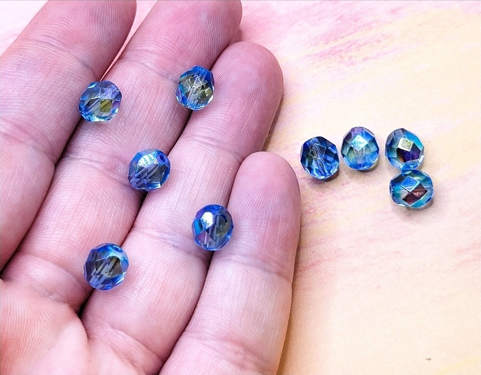 Aurora Borealis Blue Uranium Glass Beads 8mm Czech Fire Polished 10pcs