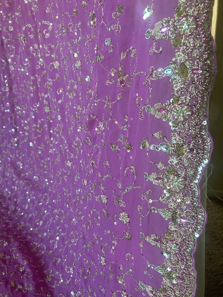 Vintage Indian Orchid Lavender Scarf Zardozi Gold Sequin Kundan Dupatta 100×44