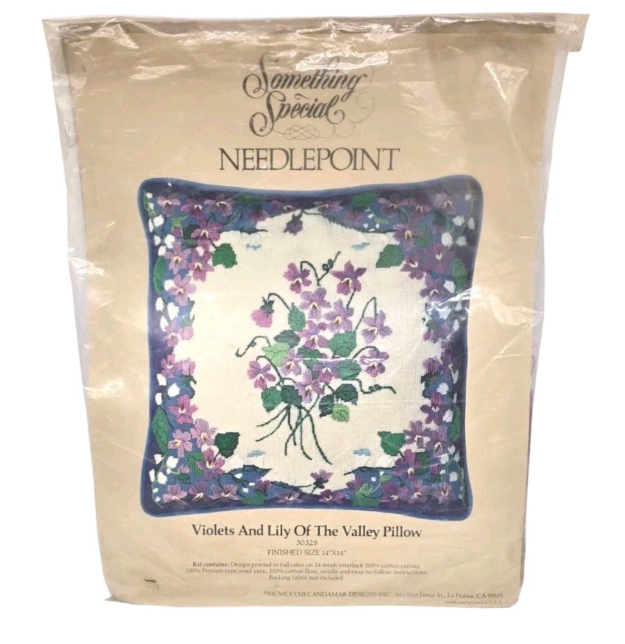 Vtg Something Special Needlepoint Pillow kit 14″ VIOLETS AND LILY OF THE VALLEY