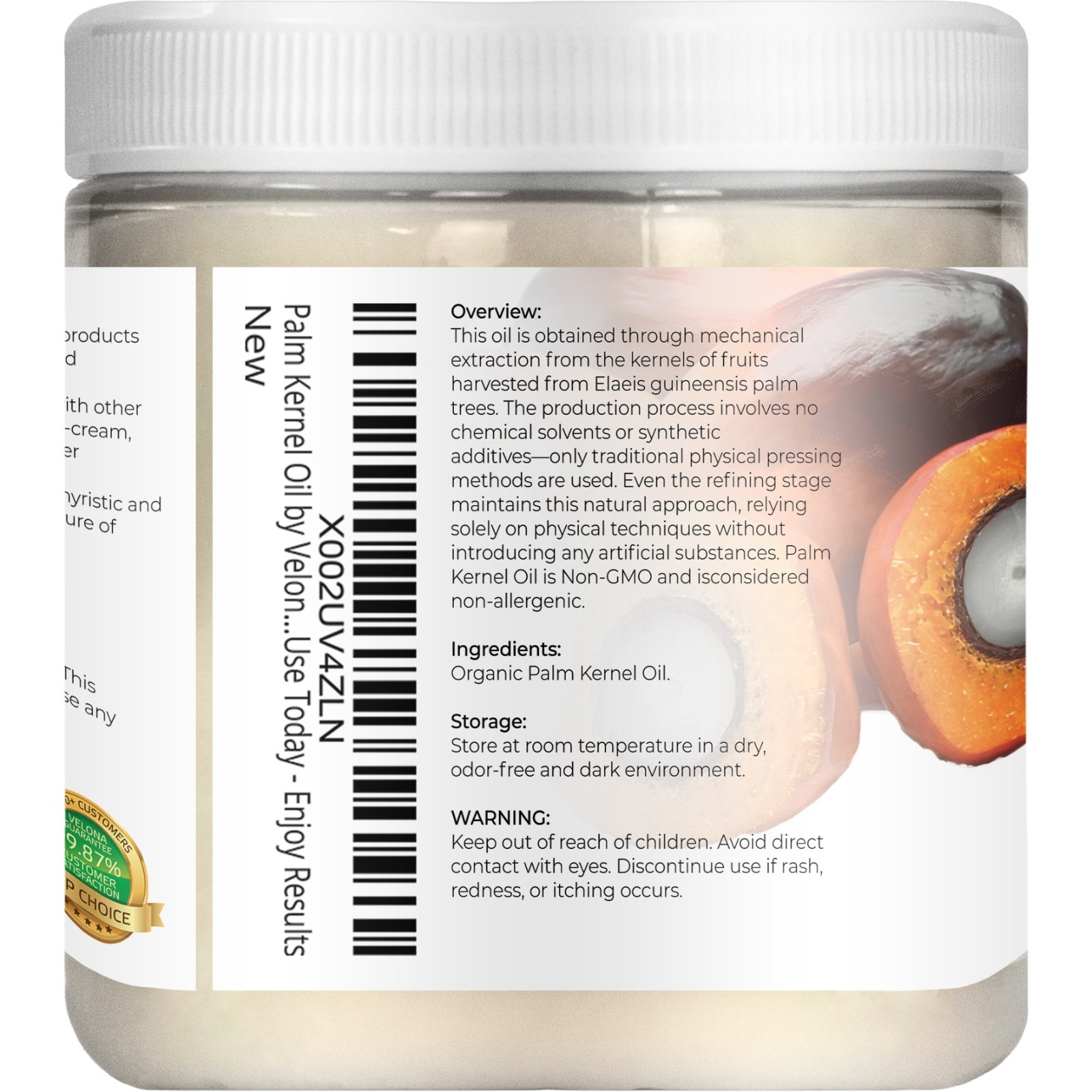 Velona USDA Certified Organic Palm Kernel Oil 8 oz Refined, Cold Pressed | Face