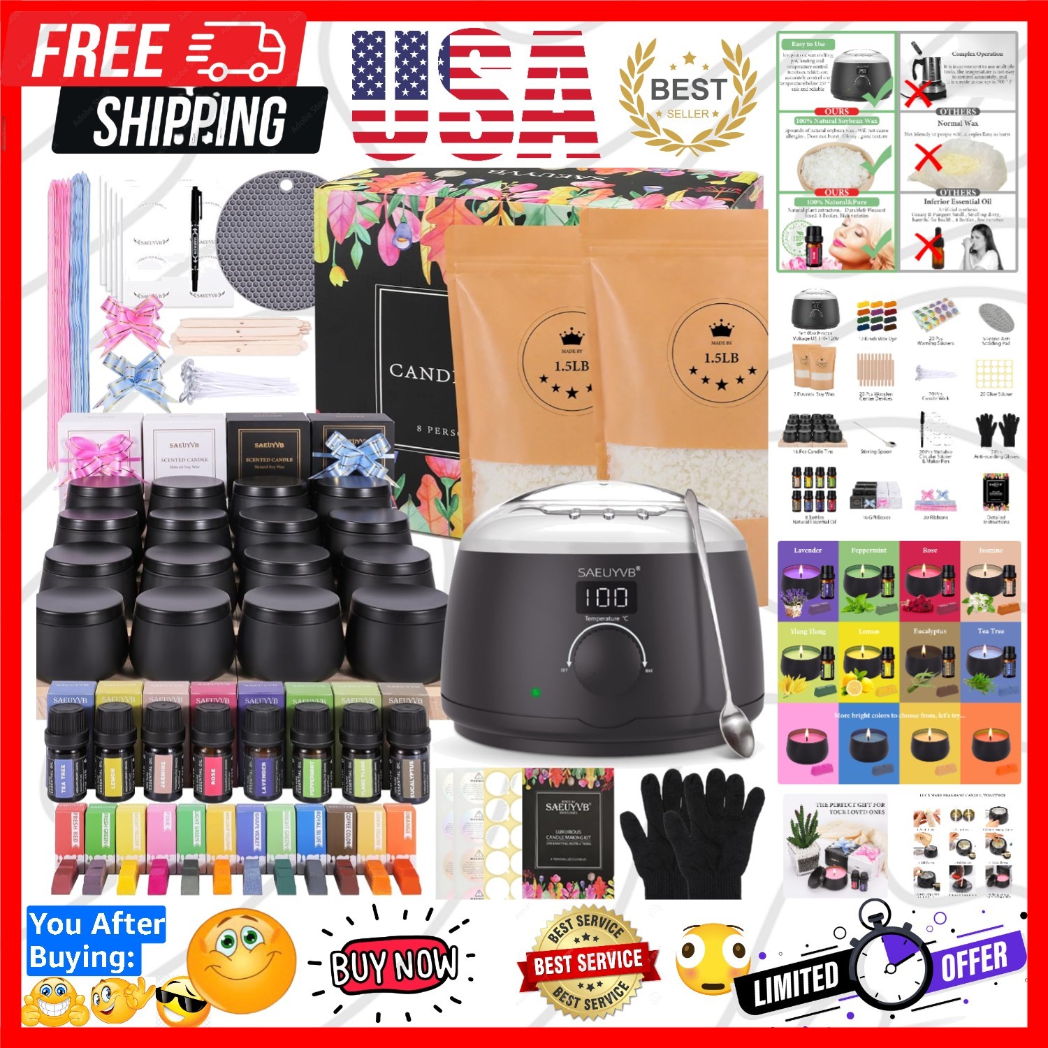 Candle Making Kit for Adults with Hot Plate, DIY Starter Soy Candle Making Su…