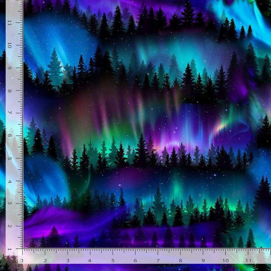 Space Fabric | Winter Light Aurora Borealis Trees | Timeless Treasures YARD