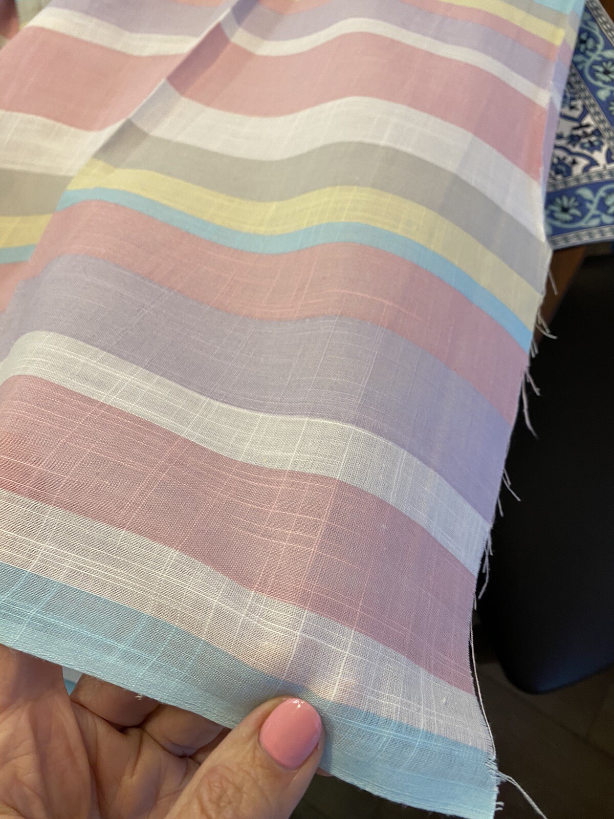 VTG WIDE Pastel Stripe Purple Yellow Pink Cotton Fabric Linen Texture 58″W BTY