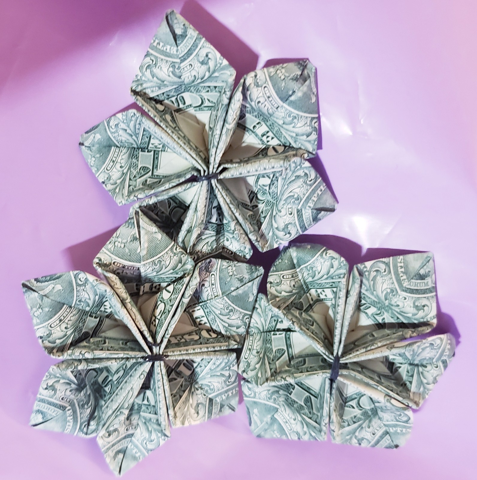 Lot of 6 ( 2 sizes) Handmade Origami Money Flowers Handcrafted Art