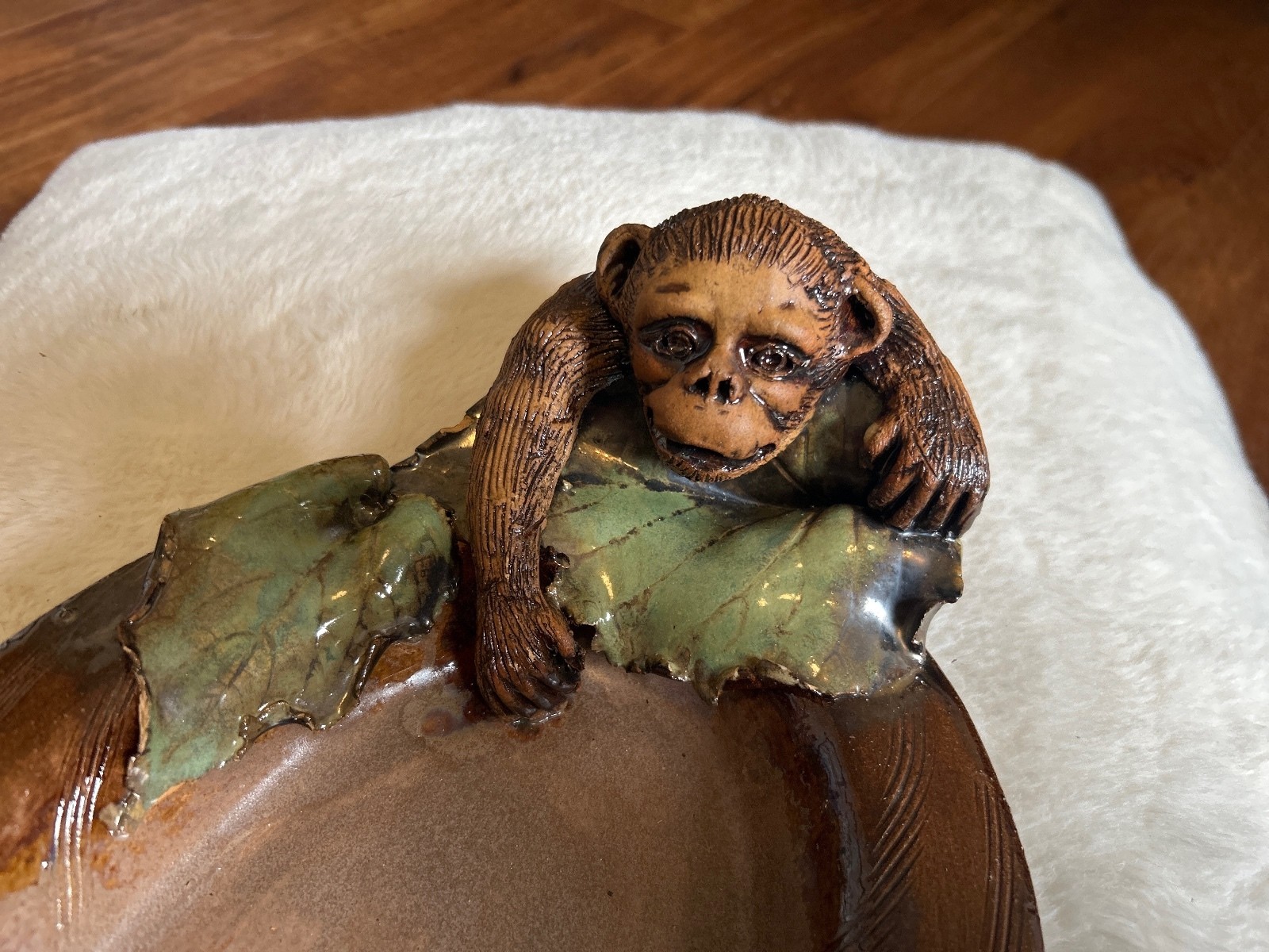 Fired Fantasies Ceramic Monkey Dish with Leaf Accents