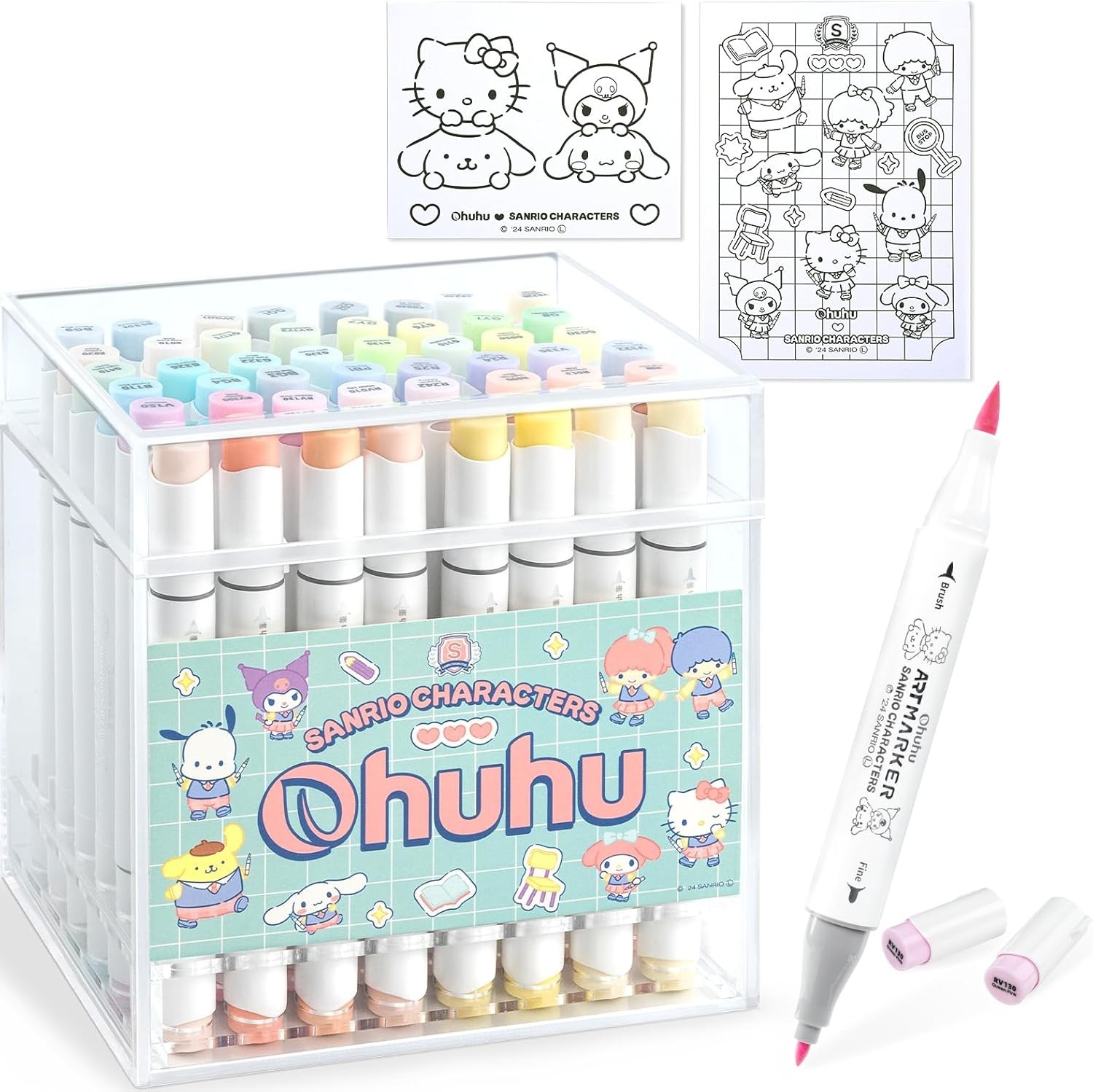 Sanrio x Ohuhu Markers 48 Colors Brush & Fine Dual Tip Pastel Art Sketch Pen JPN