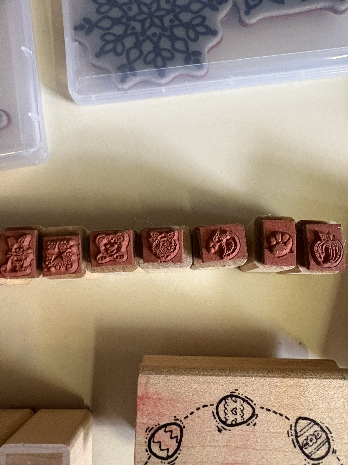 38 Assorted Rubber Stamps With 4 None Cubes, 3 Color Box Ink Cubes. **See Pics