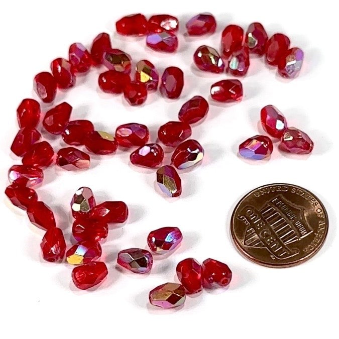 Czech Glass Pear Shaped Fire Polished Beads 7x5mm Light Siam AB Tear Drops, 50pc