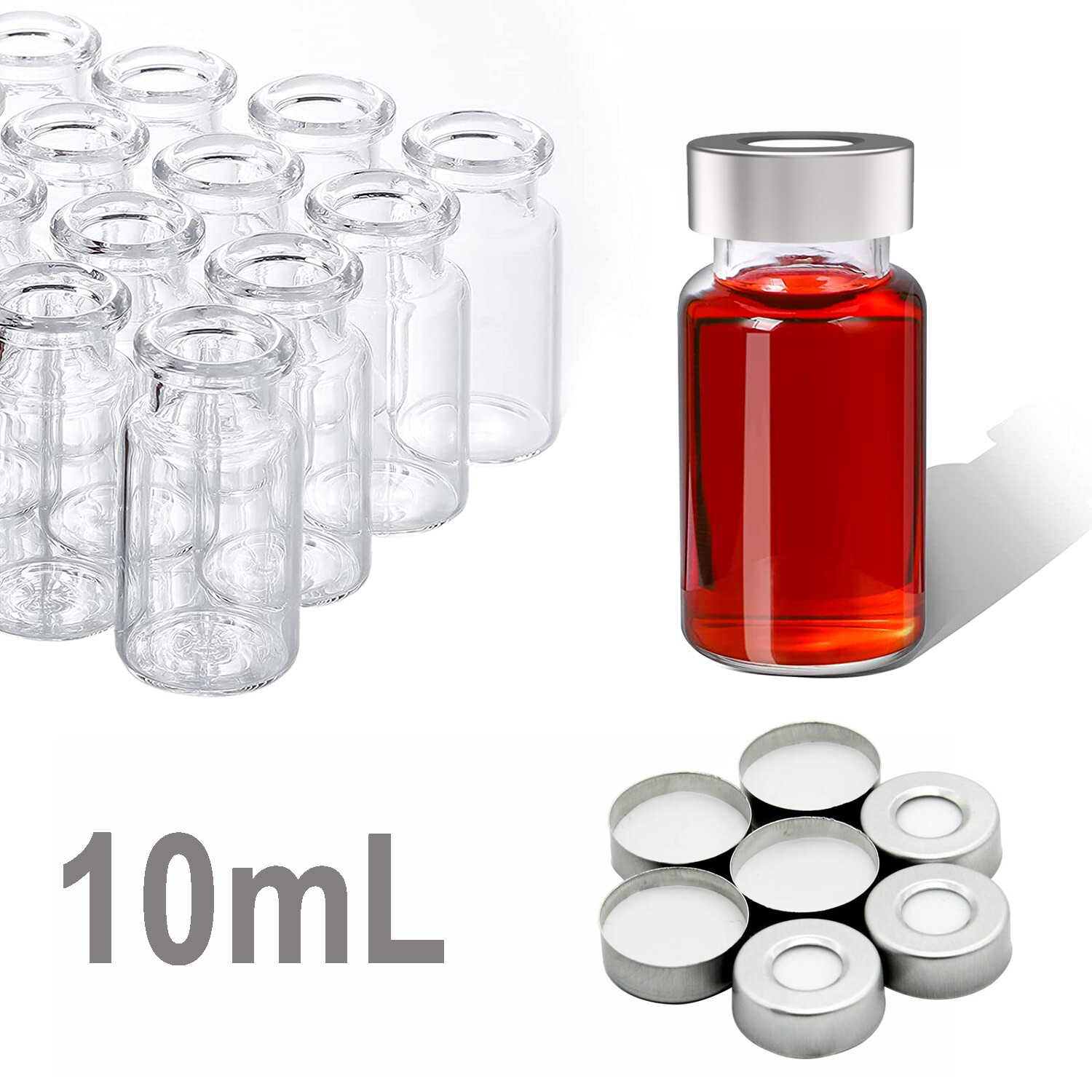100PCS Lab Sample Vials 10ml Small Glass Bottle Mini Jars+Aluminum Crimp Lid Top