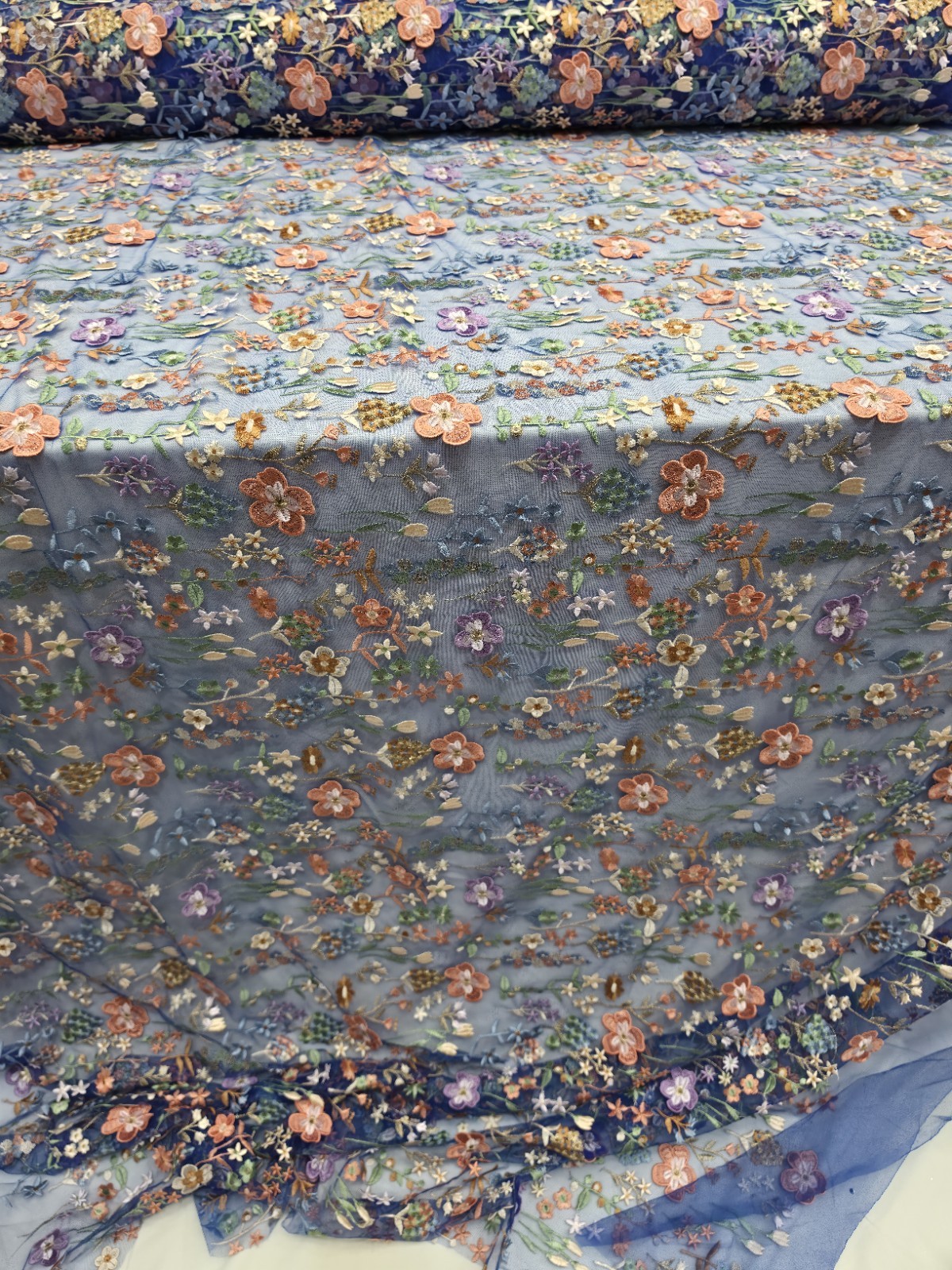 Royal Blue Lace Fabric Sold By The Yard Multicolor Embroidery 3d Floral