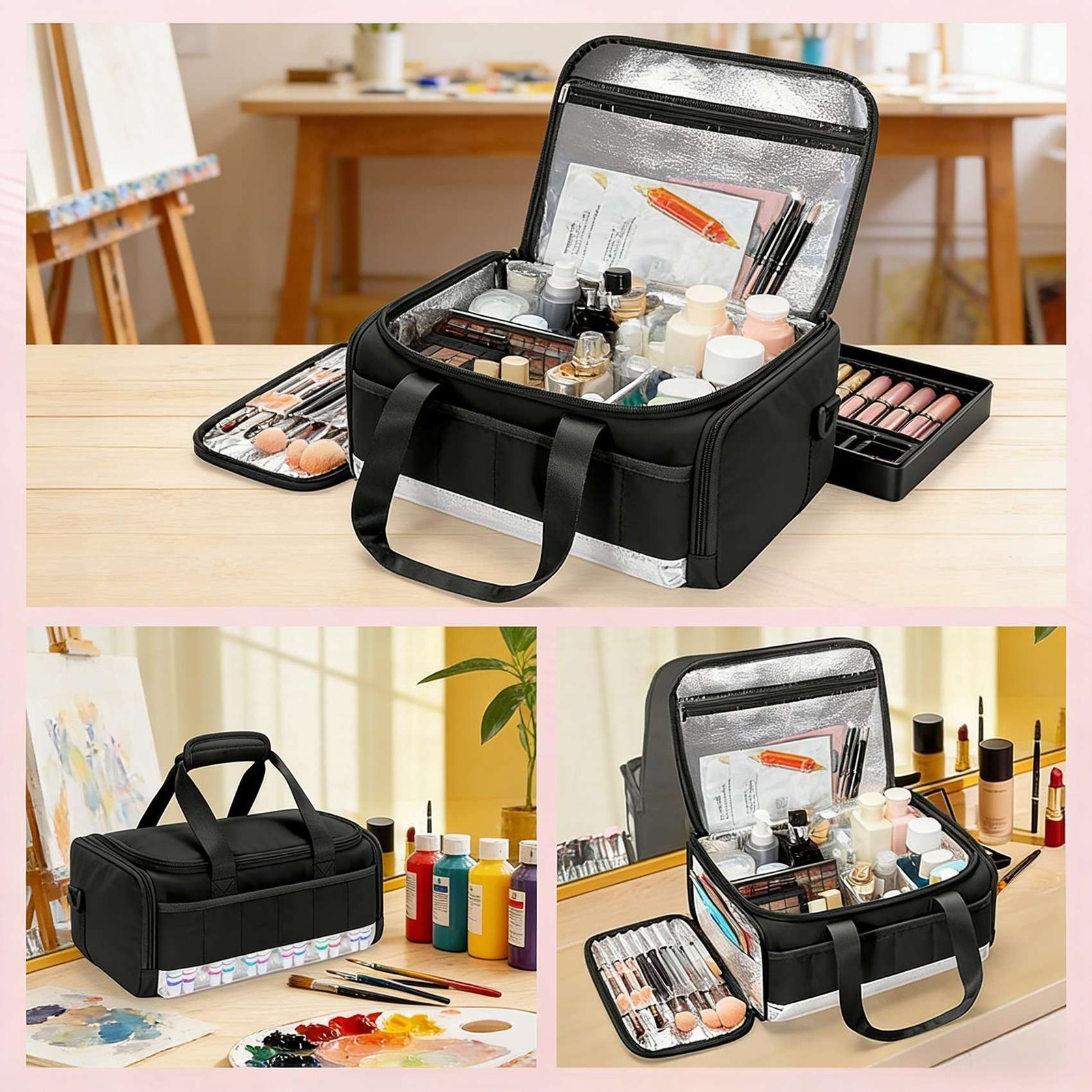 Acrylic Paint Organizer Bag (Black) Holds 60 Bottles (2 Oz), with Tools3047