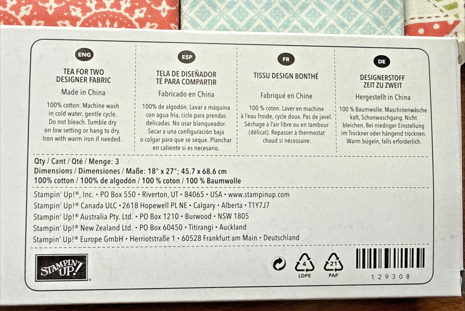 Stampin’ Up! TEA FOR TWO Designer Fabric 3 Fat Quarters 18 x 27 NEW
