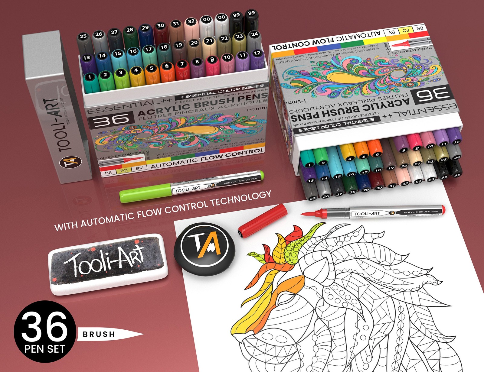 36 Essential Flexible Brush Acrylic Paint Pens AUTOMATIC FLOW CONTROL 1-5mm
