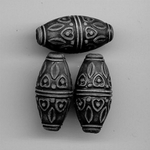12 VINTAGE BLACK WASHED ACRYLIC CARVED TRIBAL HEART LEAF 28mm. OVAL BEADS 2667