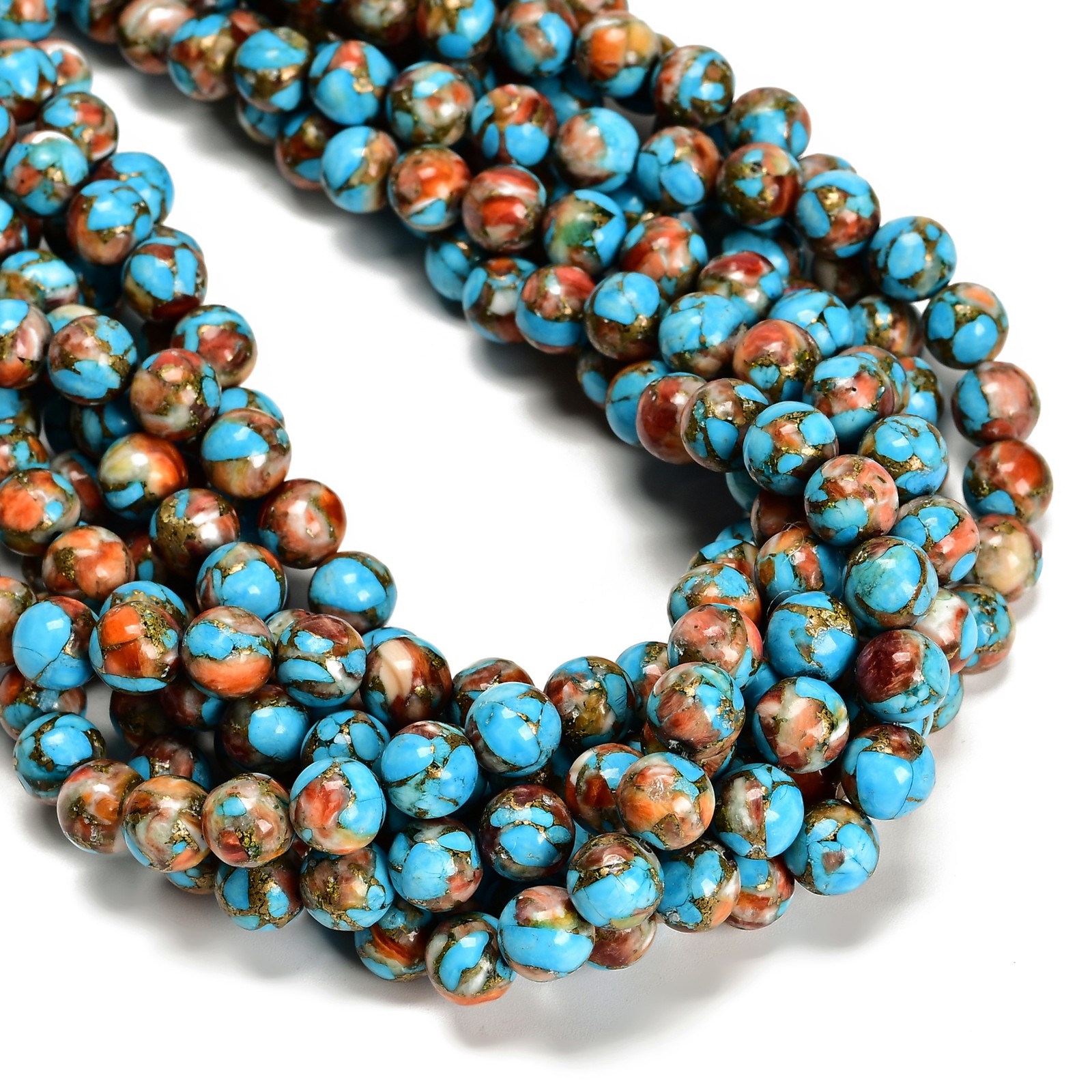 Natural Spiny Oyster Mohave Copper Turquoise Smooth Round Beads 8mm 15.5”Strand