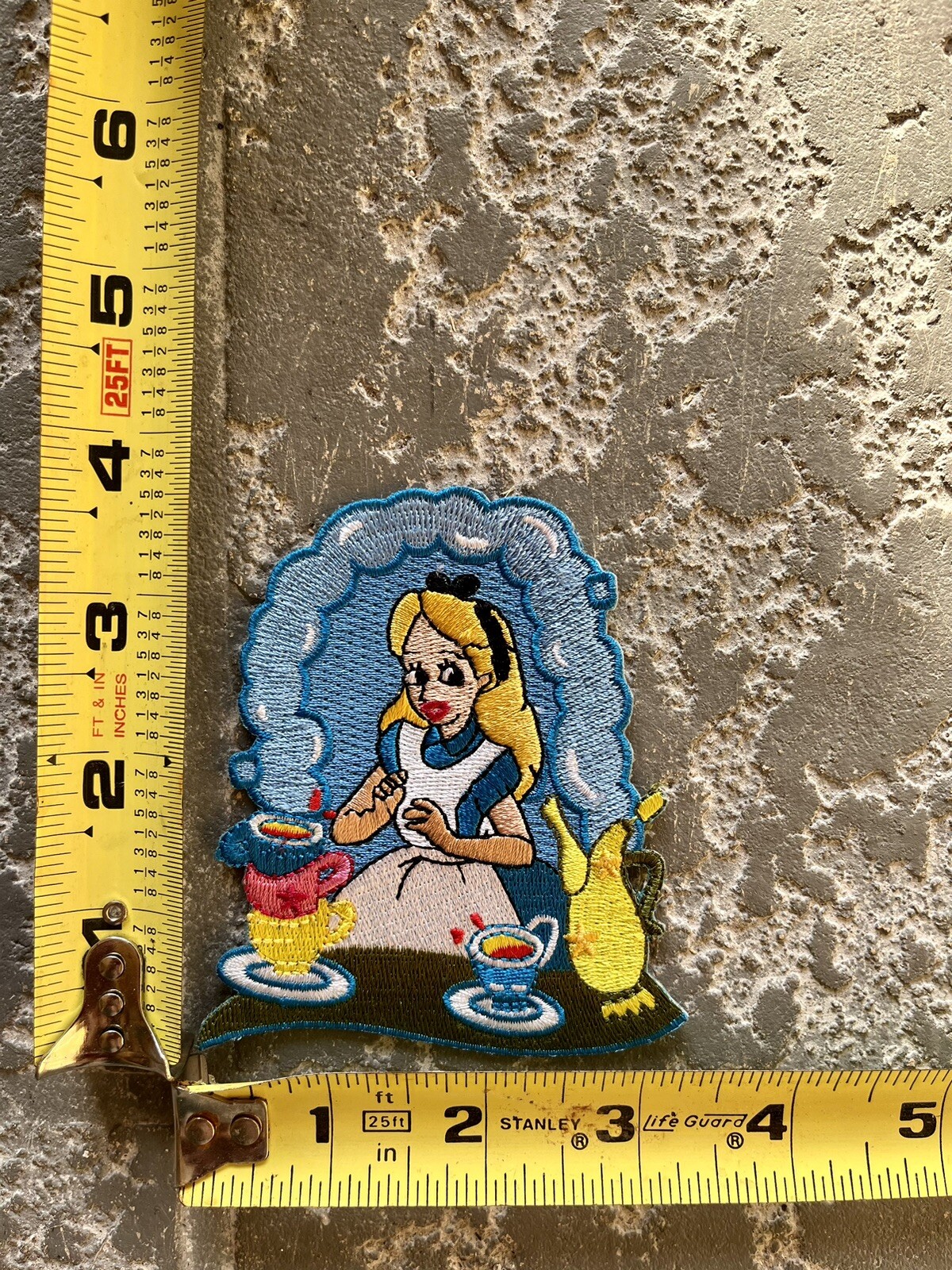Alice In Wonderland Iron On Patch Tea Cups Blue White Yellow Embroidered Comic