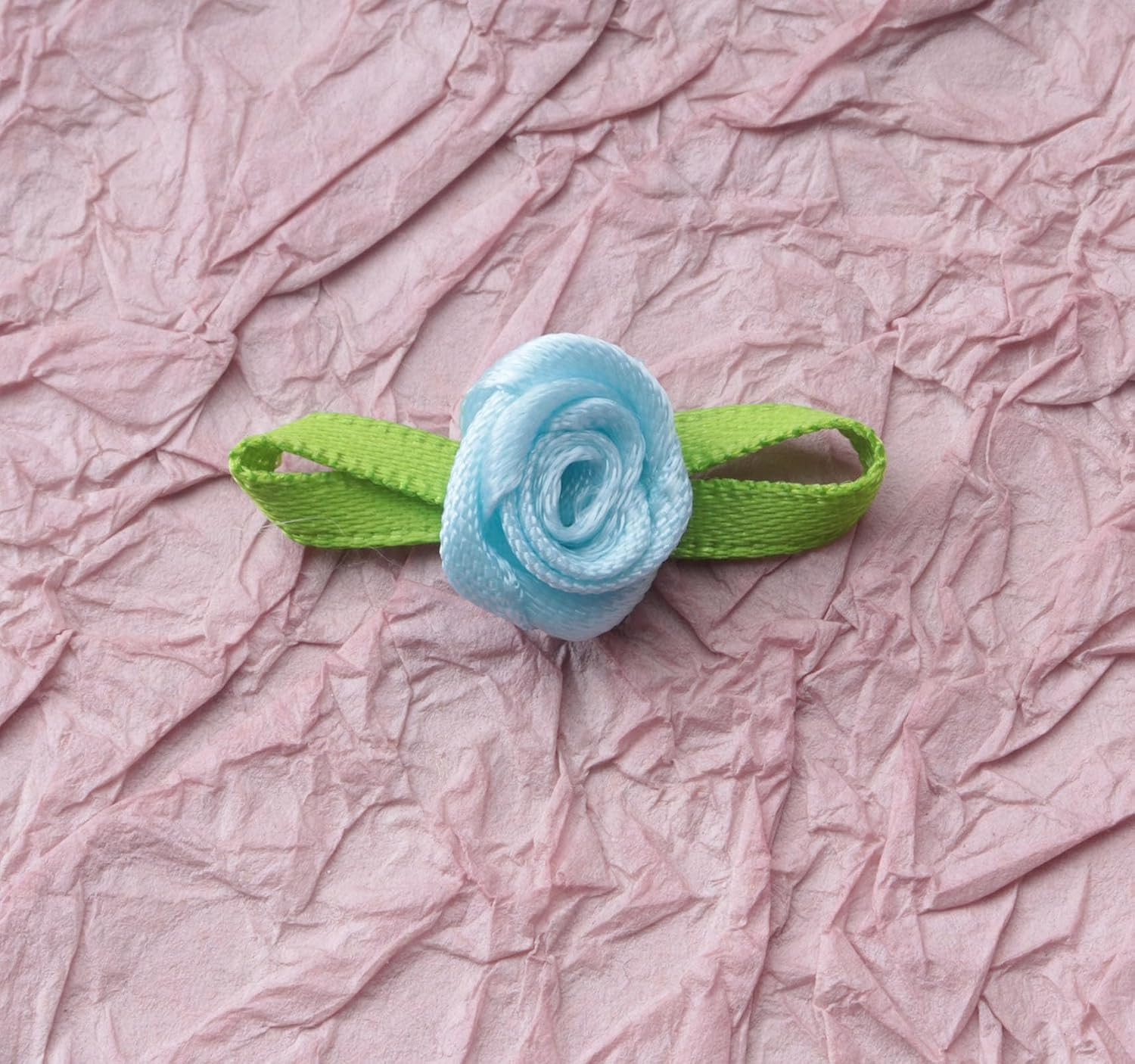 50 Pcs Satin Roses with Green Leaves Mini Cute Ribbon Bows Fabric Artificial Flo