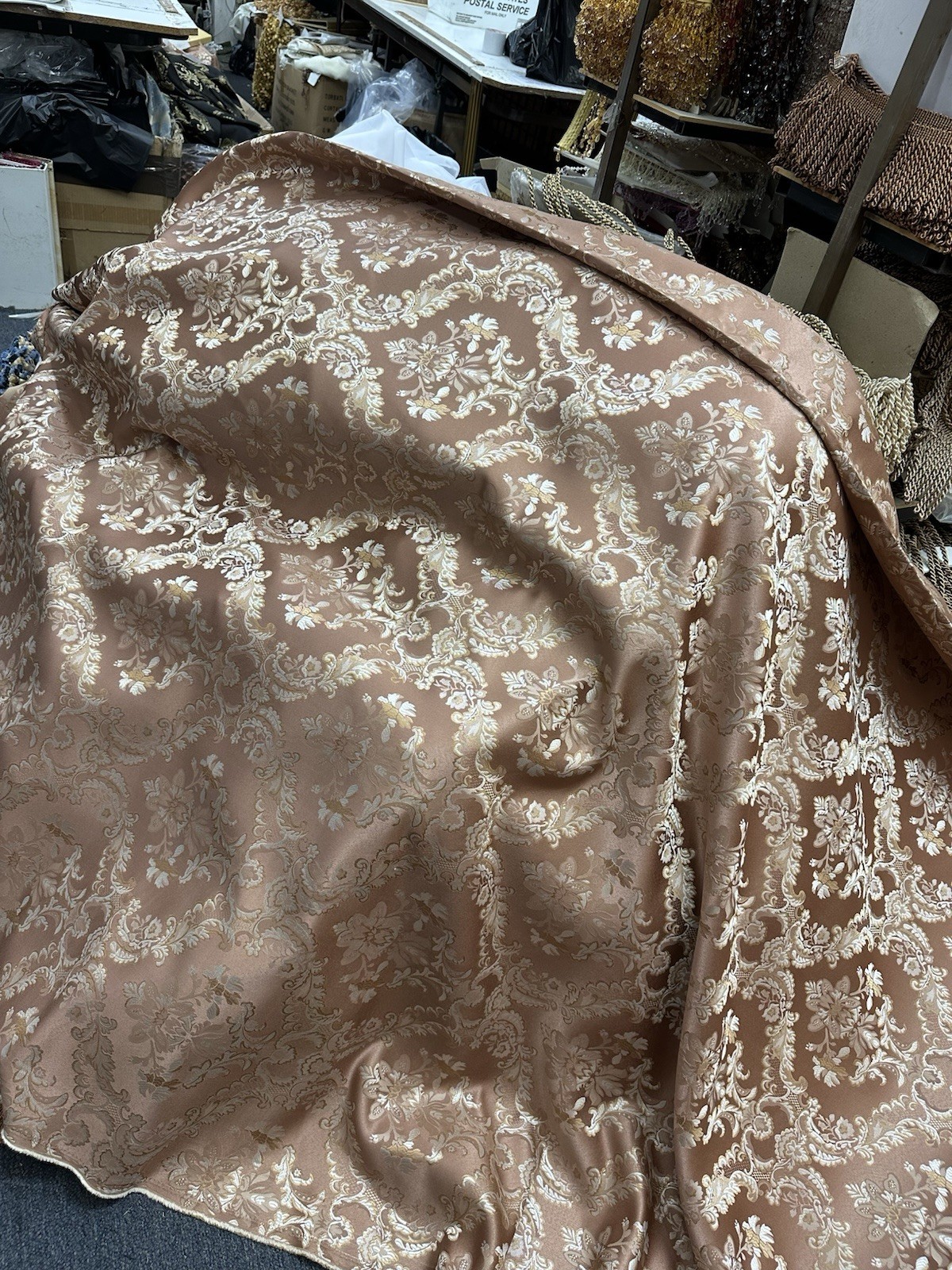 Rose Gold Damask Jacquard Brocade Fabric (116in.) Sold By The Yard