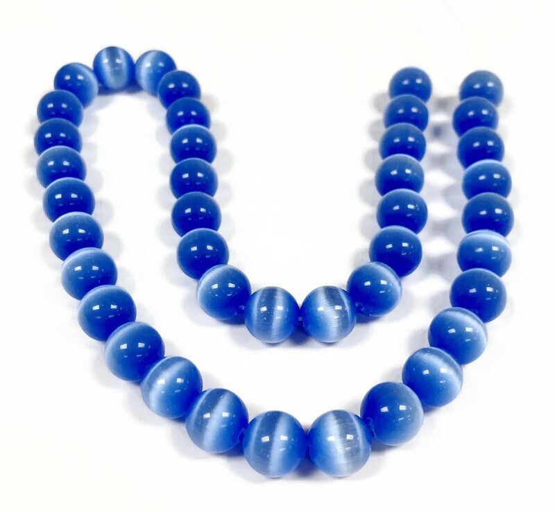 38 Cat’s Eye Fiber Optic Glass Light Sapphire 10mm. Smooth Round Beads 2591