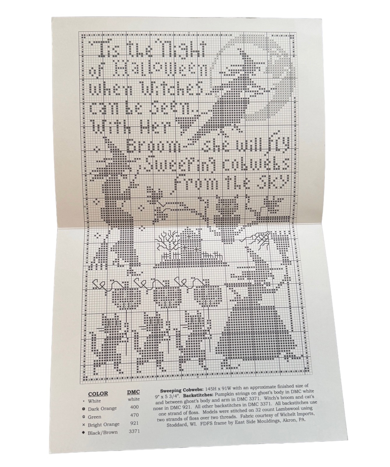 Prairie Schooler Cross Stitch 165 Halloween Sweeping Cobwebs Cats Moon Webs