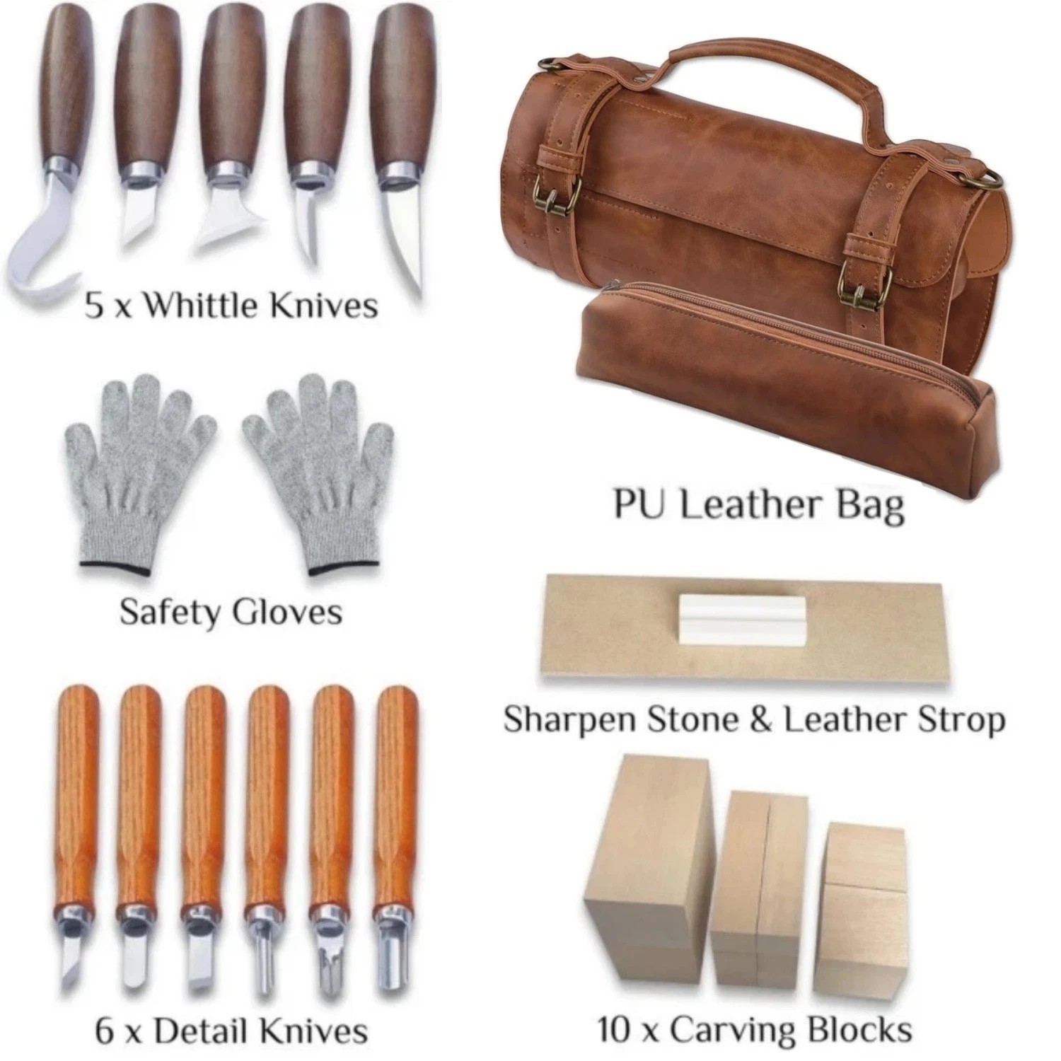 Beginner Wood Carving Kit with 26 Tools and Leather Storage Bag for All Ages