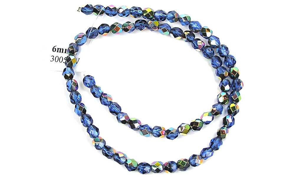 Czech Fire Polished Round Faceted Glass Beads in Sapphire Vitrail coated, blue
