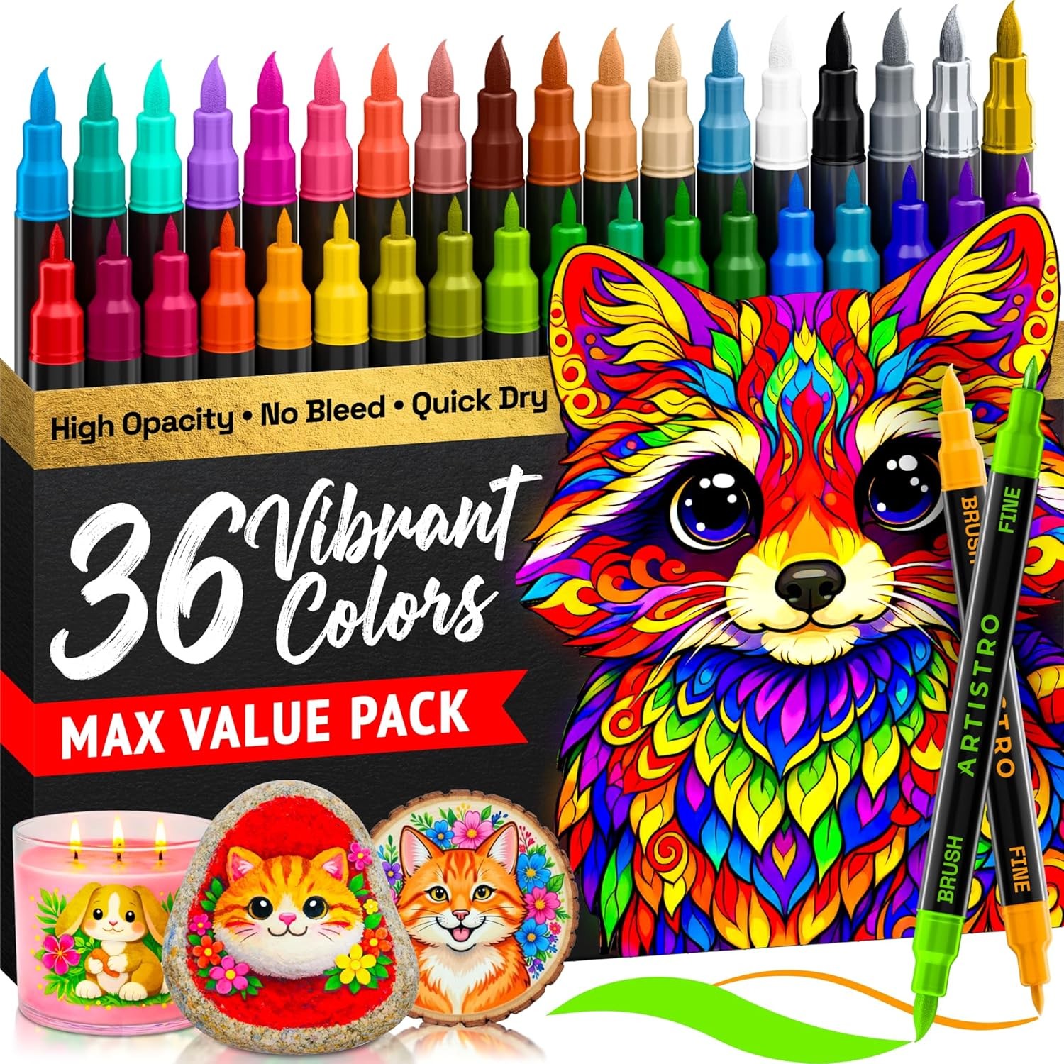 36 Acrylic Paint Markers – Paint Pens for Drawing, Brush + Fine Tips – For Fabri