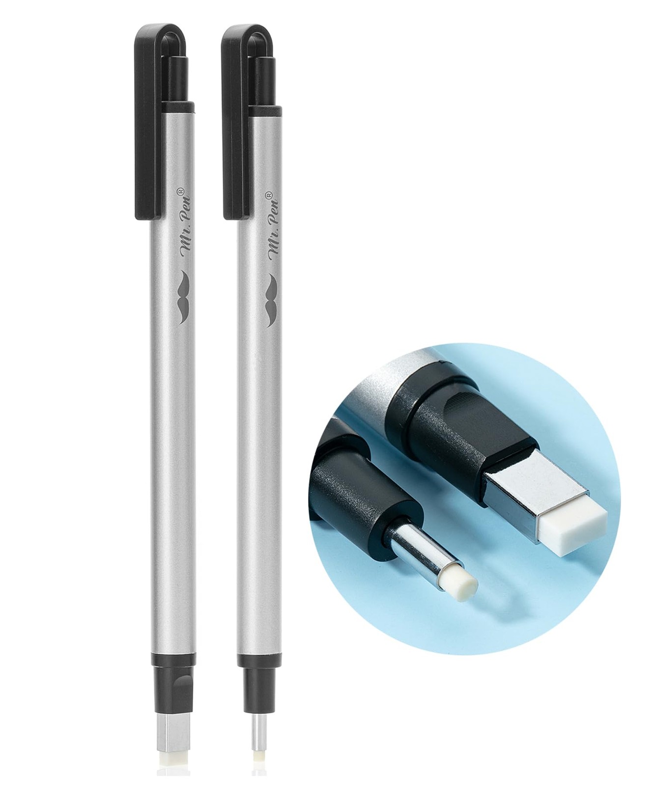 Mr. Pen- Pen Style Eraser, 2 Pack, Square & Round Tip, Eraser Silver