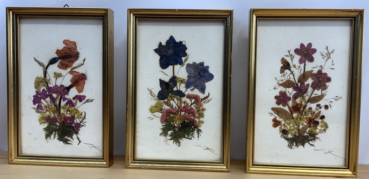 Vintage Austrian Pressed Flower Art Trio – Handmade Tirol Austria/signed