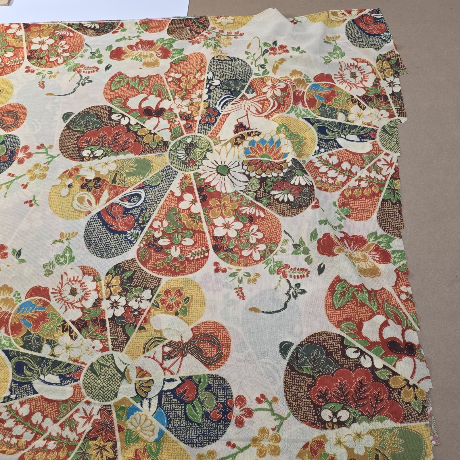 Vintage Japanese Fan Motif Fabric Bolt Polyester Kimono Floral 3.4 Yd Wide…