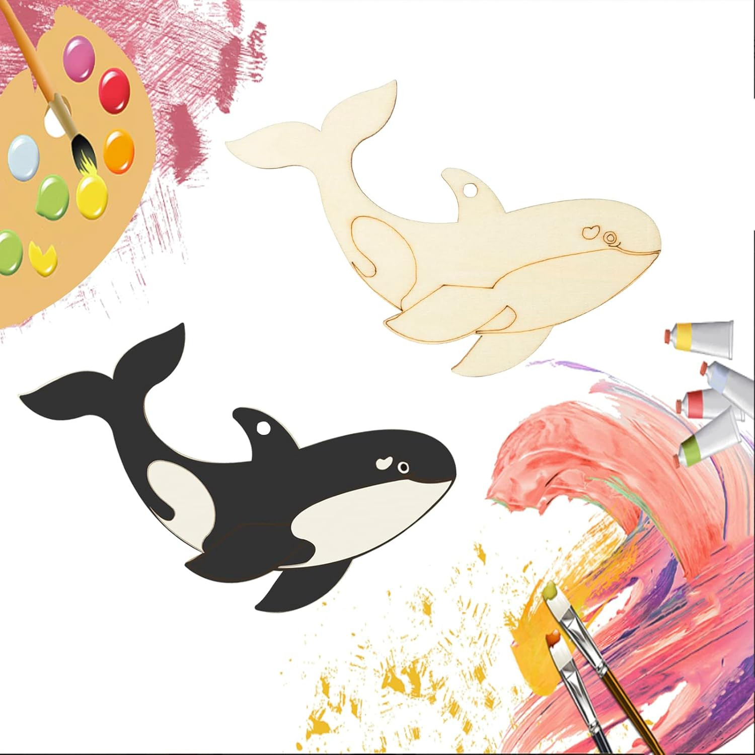 Whale Shaped Wood Fish Wooden Cutout Blank Slices Wooden Tags with Twines Art Or