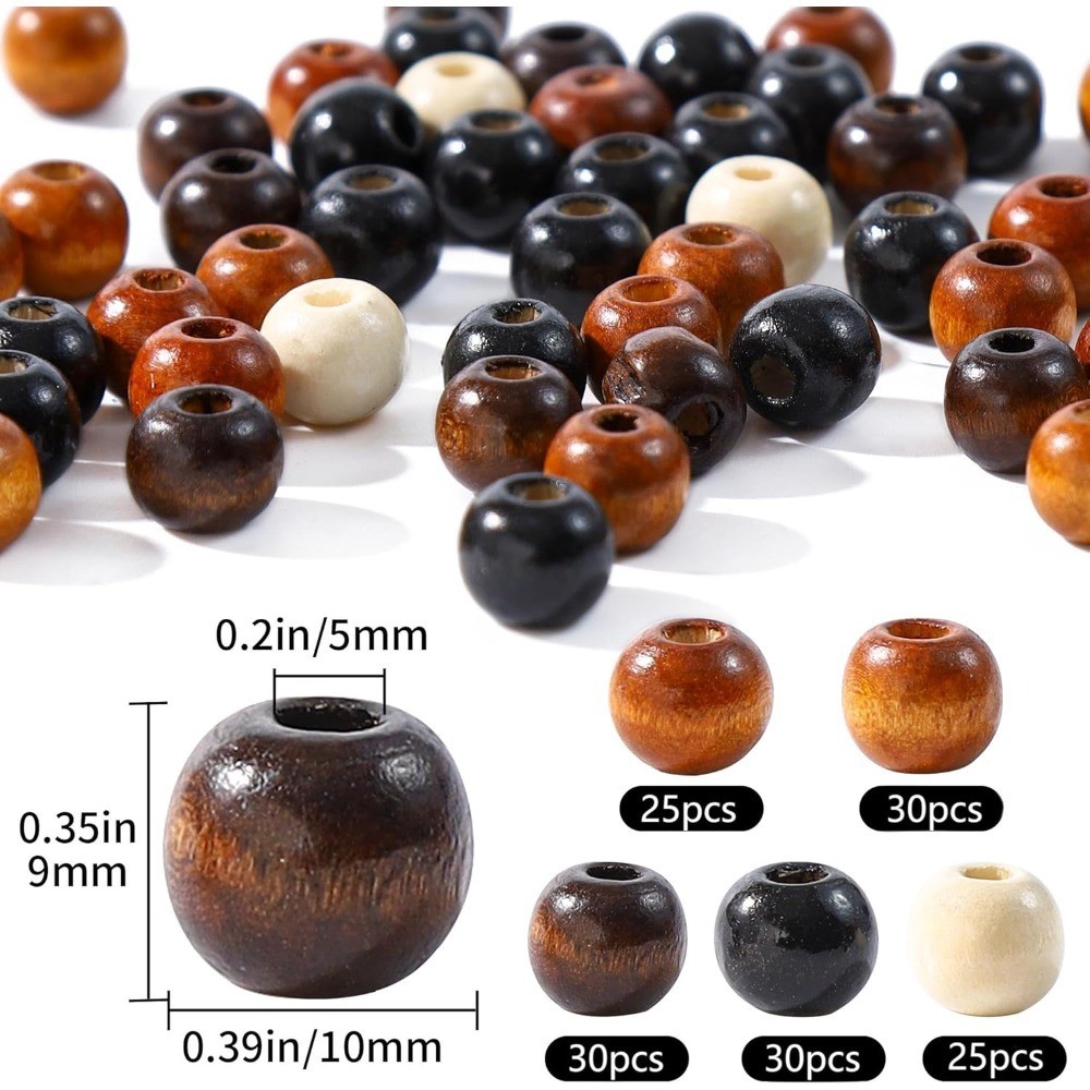 Large Hole Wood Beads for Crafts Vintage Unfinished Wood Hair Beads 5 Colors