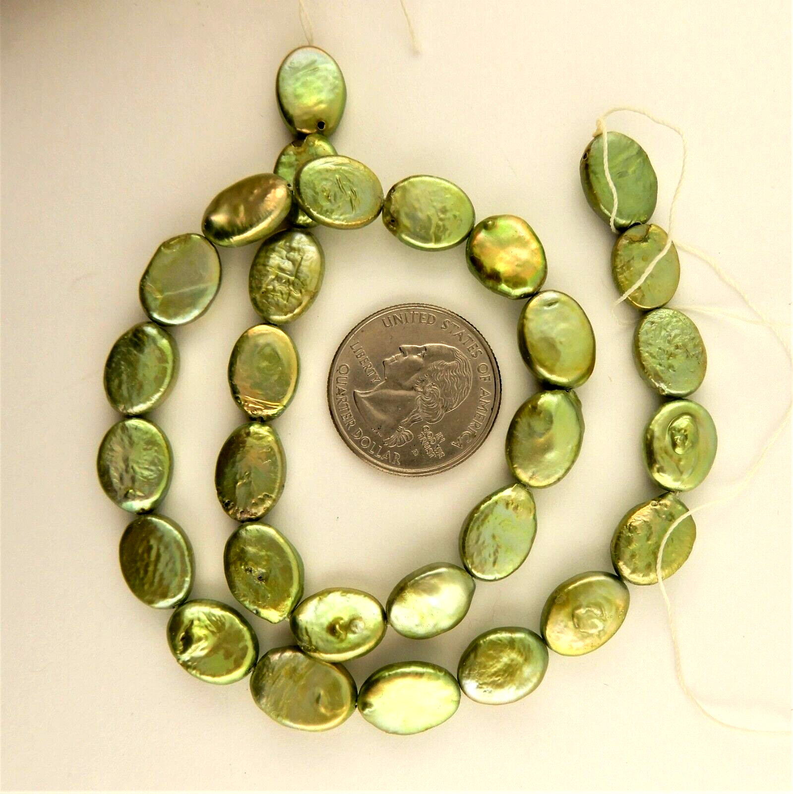 12 x 9mm Light Green Oval Coin Freshwater Pearl Beads 26 beads