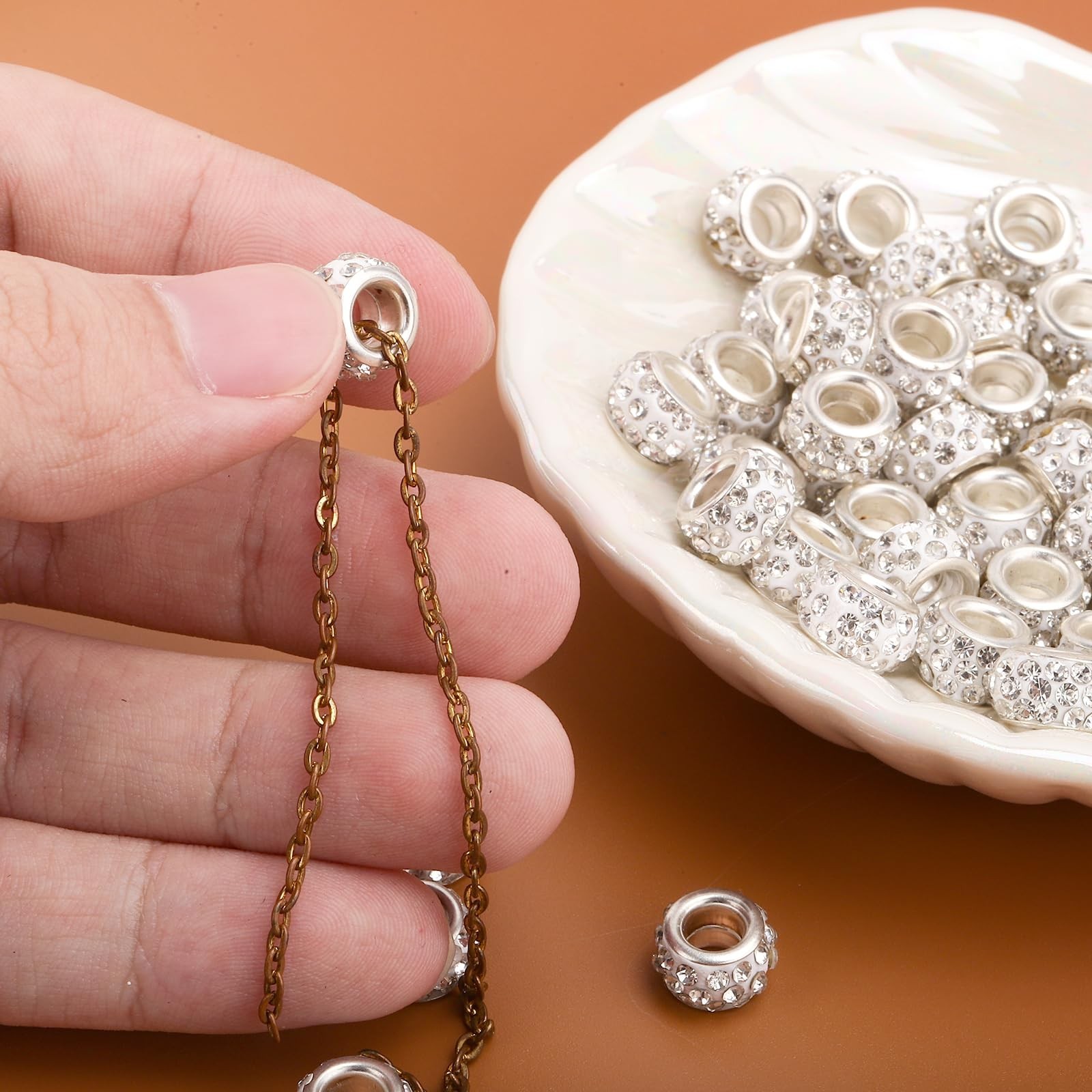 50pcs Rhinestone Spacer Beads, 11mm Large Hole Spacer Beads Shiny Diamond Hai…