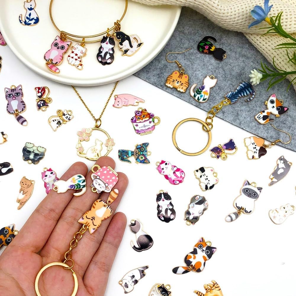120Pc Assorted Enamel Bracelet Cat Charms for Jewelry Making Crafts DIY Necklace