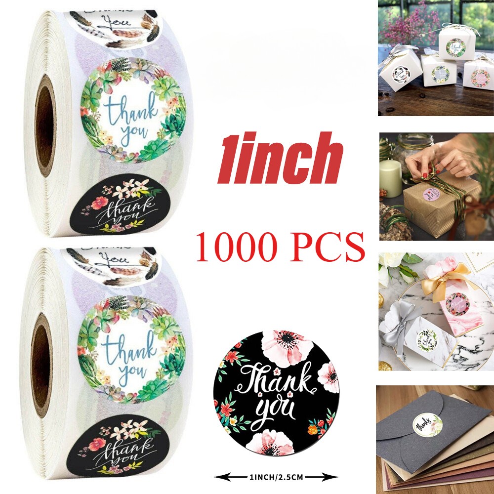 2 Roll of 1000pcs 1inch Assorted Floral Thank You Stickers Round Sealing Labels
