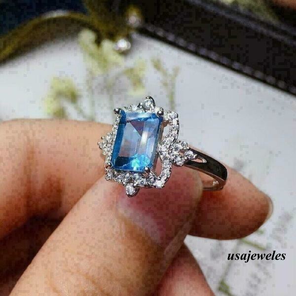 Emerald Cut 2CT Real Aquamarine Wedding Halo Jewelry Ring 14K White Gold Finish