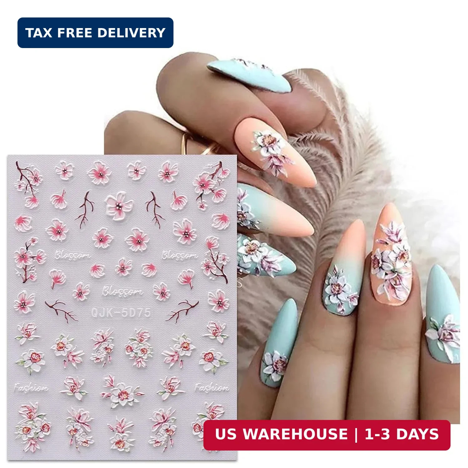 6 Sheets 3D Embossed Spring Flower Nail Art Stickers Decals Self-Adhesive Pegati