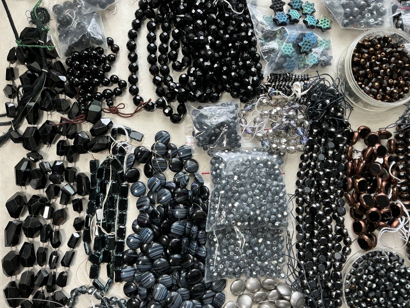Czech Glass Bead Lot Black Silver Crystal Neutral Faceted Designer Strand Mix