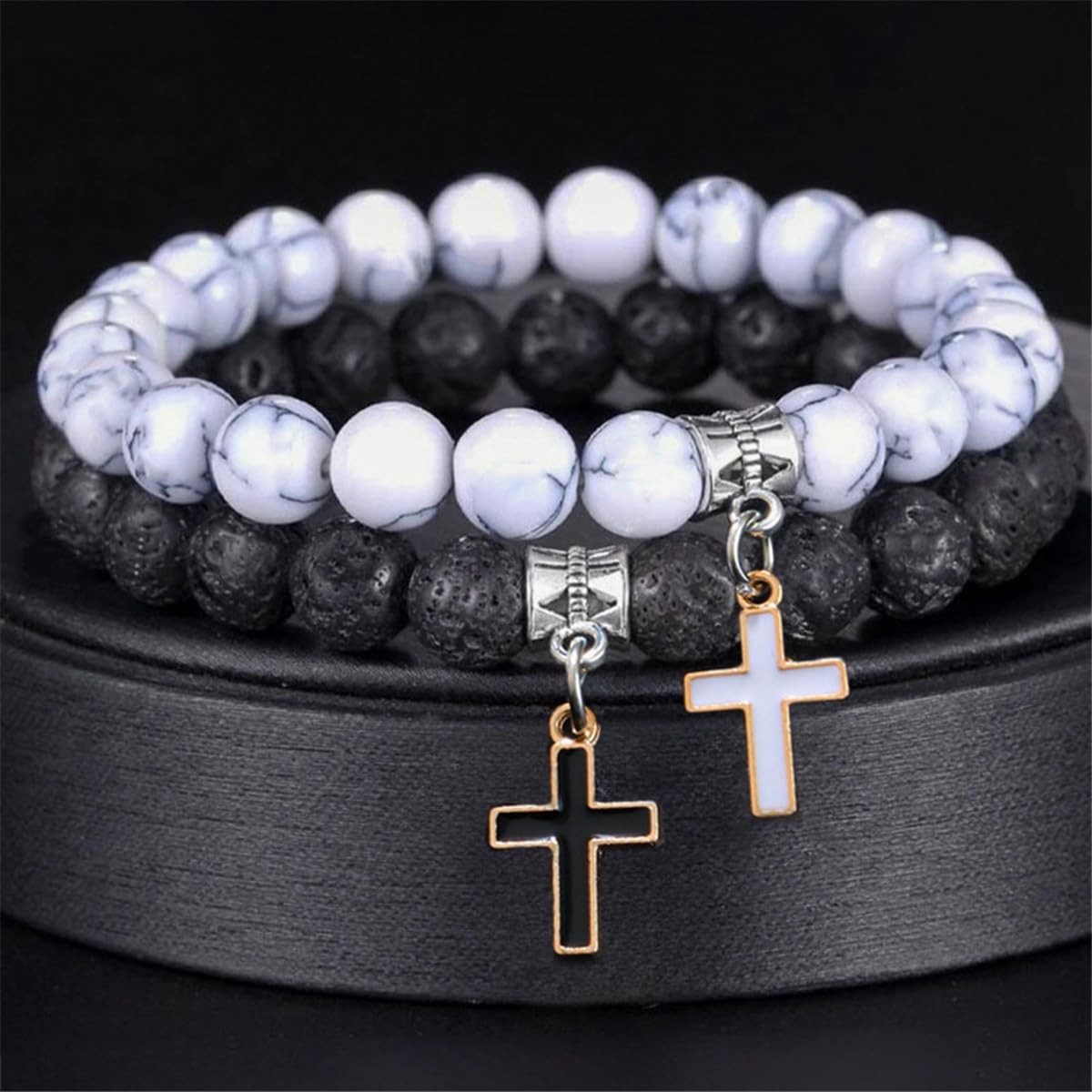 2 Pieces White Turquoise Black Beaded Bracelet for Women Unisex Cross Pendant Co