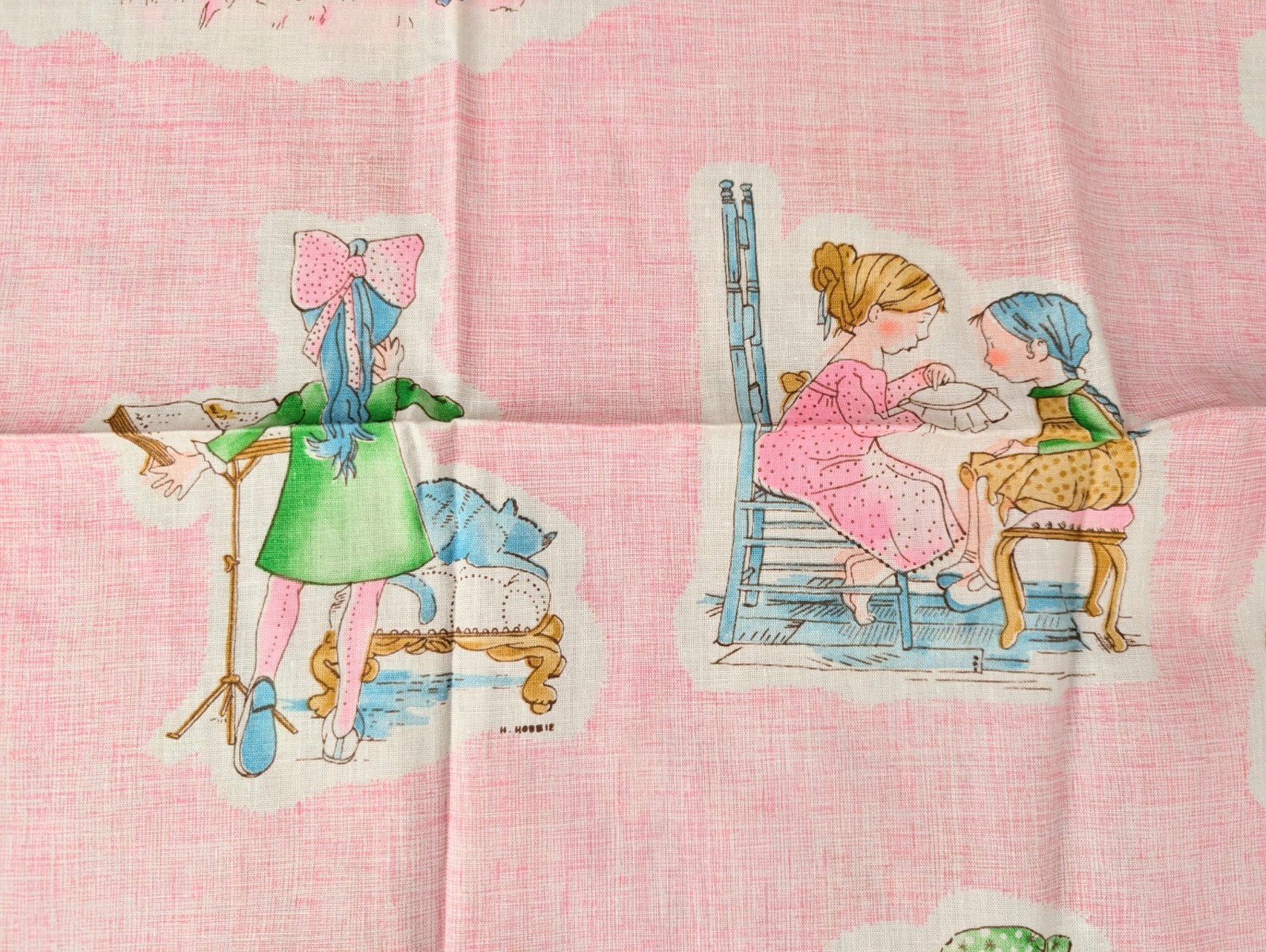 Vintage Holly Hobbie And Friends Fabric Less Than 1 yard Pink Play Trees Kitten
