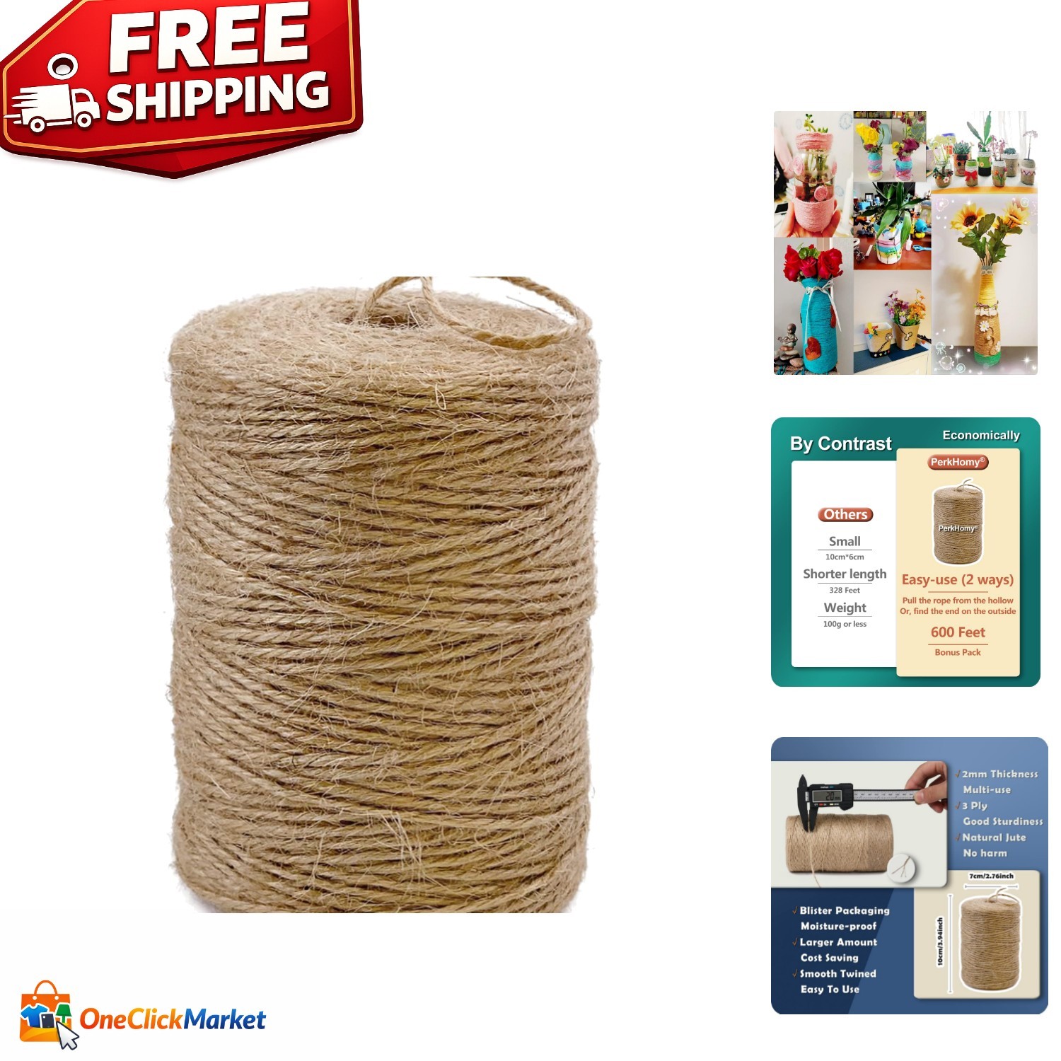 PerkHomy 600 Feet Natural Jute Twine – Eco-Friendly Craft and Gardening String
