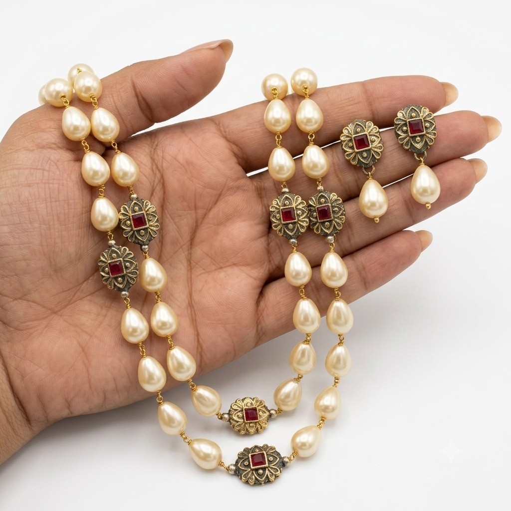 Luxury 2 Layer Pearl Beaded Necklace Set Gold Tone Ruby Floral Earrings Women