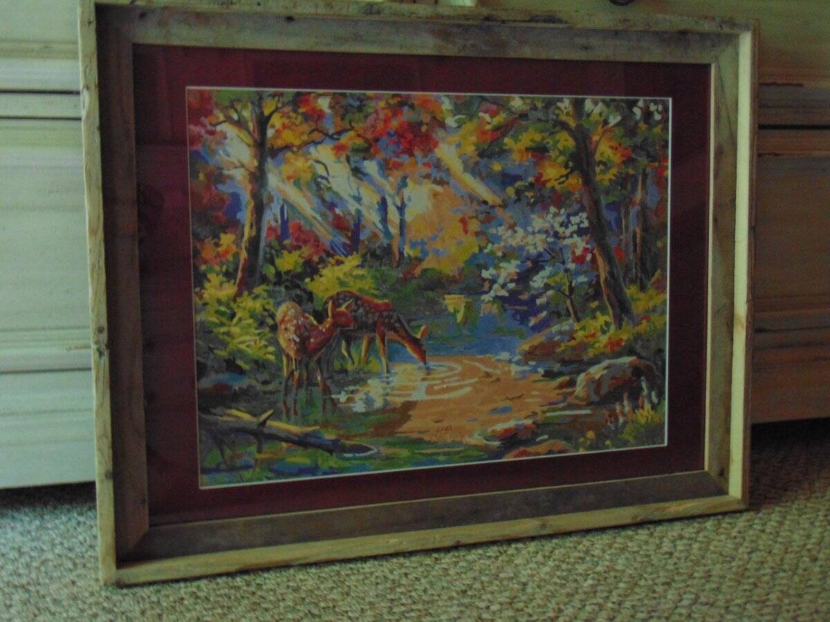 FRAMED DEER PAINT BY NUMBER signed Steve Davis custom wood frame matte & glass