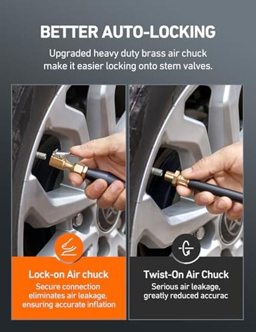 Air Chuck, Heavy Duty Flow Lock On Tire Chuck with Clip for 2 Pack Closed