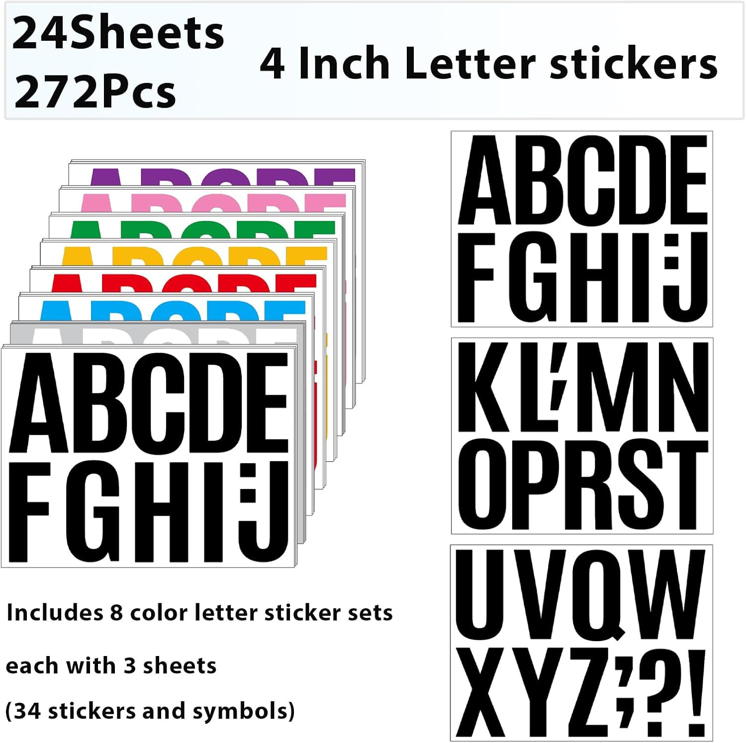 272 Pcs 24 Sheets Large Letter Stickers, 4 Inch Bulletin Board Letters, Vinyl St